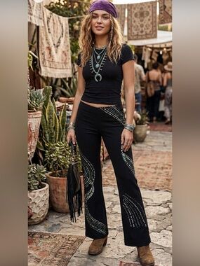 CACHE | Y2K Groovy Beaded Swirls Black Flared Low rise Trousers - 10